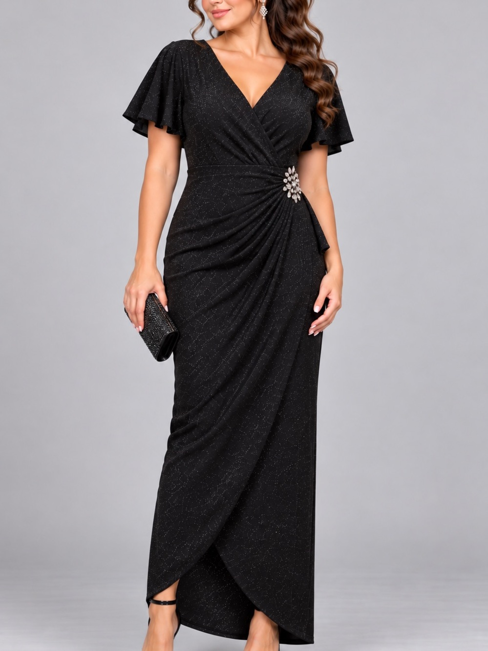 🆕🖤 Ignite Evenings Size 16 Black Glitter Beaded Ruched Maxi Evening Gown Party